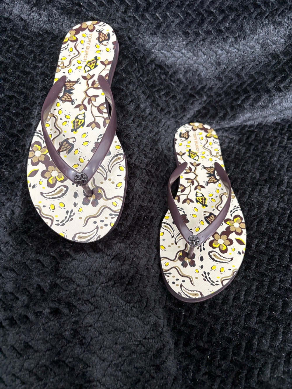 Tory Burch Floral Print Flip Flop Sandals in Cream and Brown